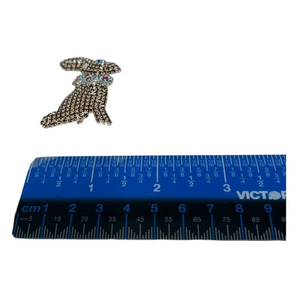 Vintage Rhinestone Encrusted Rabbit Brooch Pin Accents No Lead Sparkle Teal Pink - Picture 9 of 10